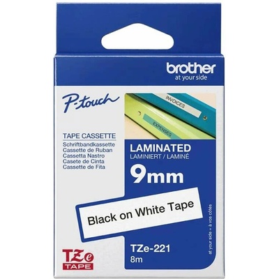 Brother originál páska do tlačiarne štítkov, Brother, TZE-221, čierny tlač/biely podklad, laminovaná, 8m, 9mm