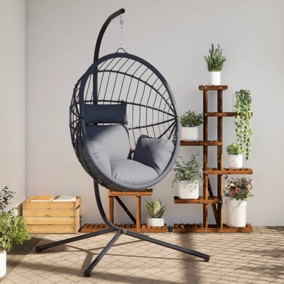 vidaXL Висящ стол яйце със стойка, сив, ратан и стомана (4007407)