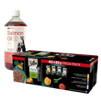 SHEBA Nature’s Collection Výber príchutí 40x85 g - vlhké kompletné krmivo pre dospelé mačky, v omáčke & LAB V Lososový olej pre psov a mačky 1000ml