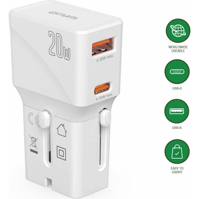 4smarts Захранване с USB-C и USB-A изхода и преходници за цял свят в едно устройство за мобилни устройства - 4smarts Nomad Pocket World Travel Adapter 20W (бял) (541041)