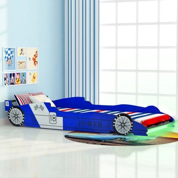 vidaXL Детско легло състезателна кола, LED лента, 90x200 cм, синьо (243937)