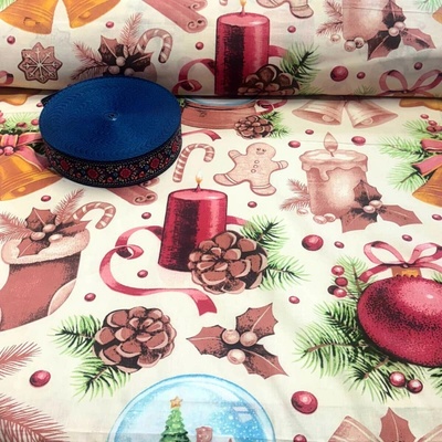 Vánoční bavlněná látka, metráž, šíře 160 cm, Vánoční ozdoby na Sv.Béžovém