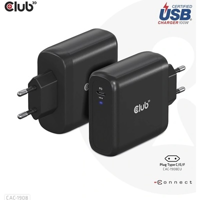 Club 3D Мрежов адаптер Club 3D - CAC-1908EU (100W GAN, USB-IF, с един порт USB-C, поддръжка на PD 3.0) (CAC-1908EU)