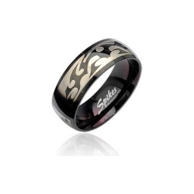Šperky eshop Černý ocelový prsten se vzorem Tribal ve stříbrné D17.6