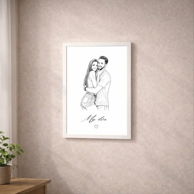 Plakát s KRESLENOU FOTOGRAFIÍ PÁRU Rozměr plakátu: A3 (29,7 x 42 cm), Rámeček: Bílý rámeček