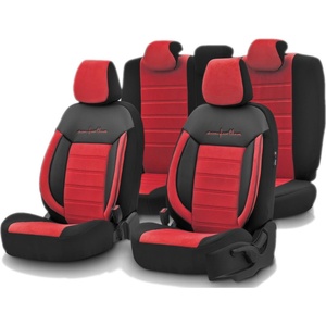  Комплект Луксозна Тапицерия OTOM текстил с еко кожа COMFORT LINE Design - Червено-Черна с червен шев, за Предни и Задни