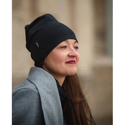 Dámská čepice bavlněná oboustranná černá šedý melír