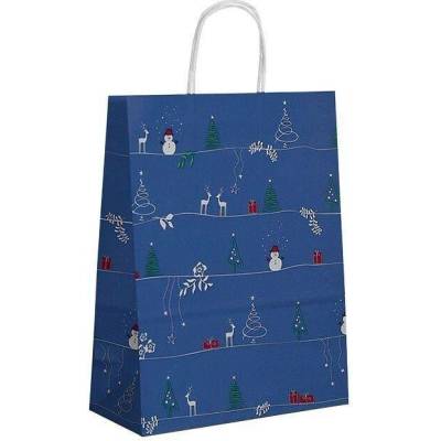 Vánoční modrá papírová taška s motivem Vánoční čas 240x110x310 mm s plochým uchem