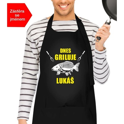 Kariban HobbyTriko Grilovací zástěra s kaprem Dnes griluje Černá