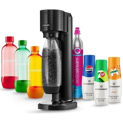 SodaStream Gaia Black + Láhev SodaStream 1l TriPack Orange Red Green + Sirup SodaStream Pepsi 440 ml + 7UP 440 ml + Mirinda 440 ml