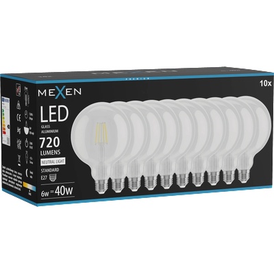 Mexen Vintis 10x LED филамент крушка E27, G125, 6W, неутрална - 4000K, 720 lm, прозрачна (L158-E27-0640-00x10)