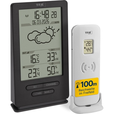 TFA digital radio weather station with outdoor sensor, 35.1162. 10, indoor and outdoor climate, with transmitter, weather forecast, including radio clock, temperature/humidity, Amazon exclusive, gray