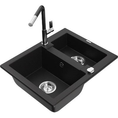 Mexen Carlos гранитна мивка 1, 5-комплект с кухненски смесител Flora, черен - 6518-77-670401-07 (6518-77-670401-07)