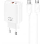 XO CE42 мрежово зарядно устройство с USB+Type-C изход, 30 W, PD бързо зареждане + кабел Type-C, БЯЛО (CE42_TYPE_C)