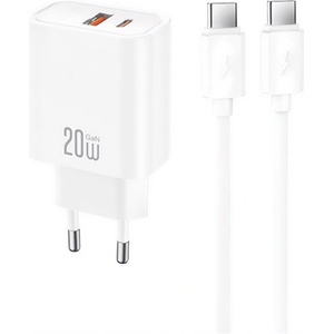 XO CE42 мрежово зарядно устройство с USB+Type-C изход, 30 W, PD бързо зареждане + кабел Type-C, БЯЛО (CE42_TYPE_C)