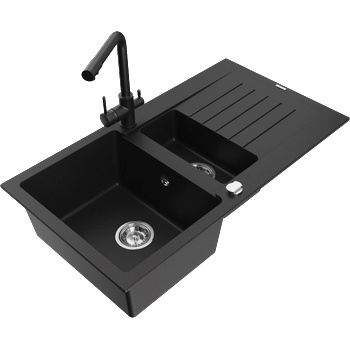 Mexen Matias гранитна мивка с 1, 5 камери, с отцедник и кухненски смесител Duero, черен - 6502-77-671600-70 (6502-77-671600-70)