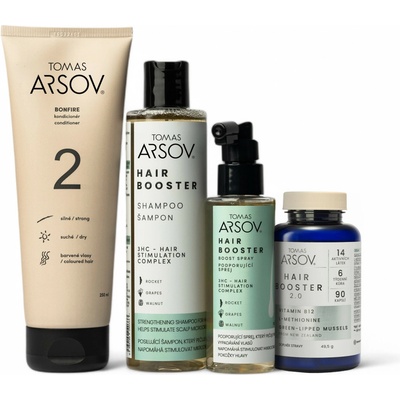 Tomas Arsov Podpora růstu pro barvené vlasy HAIR BOOSTER Šampon 250 ml + BONFIRE Oplachový kondiconér 250 ml + HAIR BOOSTER Podporující sprej 110 ml + HAIR BOOSTER 2.0 Doplněk stravy 90 kapslí set