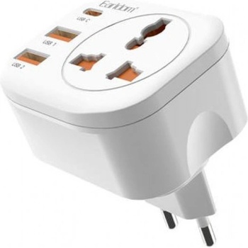 Earldom Универсален преходник - зарядно Earldom ES-SC16, 2xUSB, 1xType-C, EU/US/UK/AU към EU, 220V, Бял - 40525 (40525)