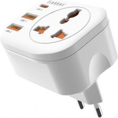 Earldom Универсален преходник - зарядно Earldom ES-SC16, 2xUSB, 1xType-C, EU/US/UK/AU към EU, 220V, Бял - 40525 (40525)