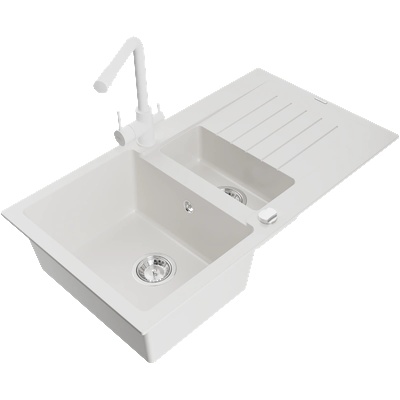 Mexen Matias гранитна мивка 1, 5-коморна с дренаж и кухненски смесител Duero, бял - 6502-20-671600-20 (6502-20-671600-20)