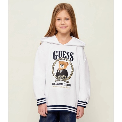 GUESS Бял суичър с качулка и тъмно сини детайли и цветно мече Guess