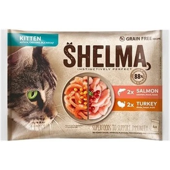 Image 1 of Partner in Pet Food SHELMA Kitten Pouch GRAIN FREE - паучове за подрастващи котенца, БЕЗ ЗЪРНО, 88% продукти от животински произход, 2 бр със сьомга в сос и 2 бр с пуйка в сос - 4 х 85 гр - 40698