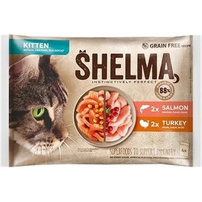 SHELMA Kitten Pouch GRAIN FREE - паучове за подрастващи котенца, БЕЗ ЗЪРНО, 88% продукти от животински произход, 2 бр със сьомга в сос и 2 бр с пуйка в сос - 4 х 85 гр - 40698