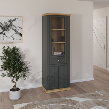 Forte Колонен шкаф с витрина thirteen, 200 см, дъб Маувела/сиво (pntv711-q243)