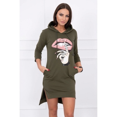 Kesi Dress with longer back and colorful print khaki biela kaki