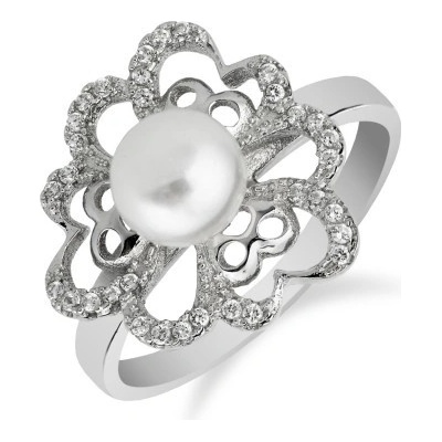 Meucci Výrazný stříbrný prsten s kytkou a perlou SP46R