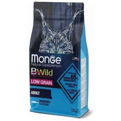 MONGE BWild Cat Low Grain Adult kompletné krmivo pre dospelé mačky s ančovičkami a so znížením obsahom obilnín 1,5 kg