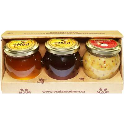 Včelařství M+M med světlý 250 g + med tmavý 250 g + med s rouskovým pylem 10% 220 g