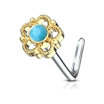 Šperky4U zlacený zahnutý piercing do nosu tyrkysový kamínek N0100-GD