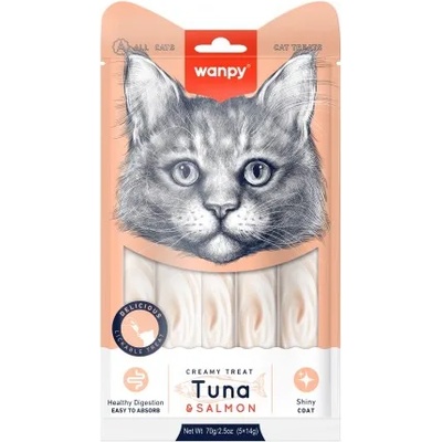 Wanpy - Течно лакомство за котки с риба тон и сьомга 5 х 14 гр. в пакет/ 2 пакета