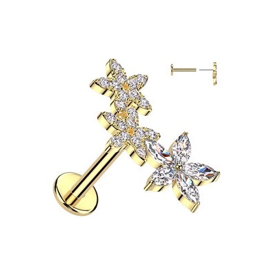 Šperky4U zlacený piercing do brady s kytičkami Push In labreta LB1137-GD