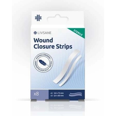 LIVSANE Náplasťové stehy STERILE 2 veľkosti (3x75 mm a 6,4x80 mm) 8 ks