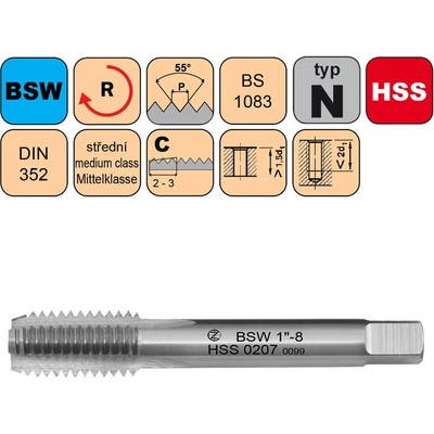 NÁSTROJE CZ Závitník sadový BSW 1-1/4"-7 III střední HSS DIN 352 - CZZ0207-BSW-1-1/4"-7-III