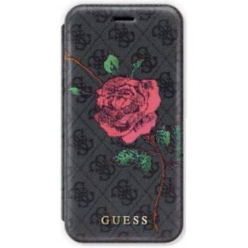 GUESS Flower Desire Book Case - дизайнерски кожен калъф, тип портфейл за iPhone XS, iPhone X (сив)