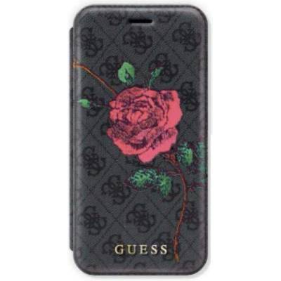 GUESS Flower Desire Book Case - дизайнерски кожен калъф, тип портфейл за iPhone XS, iPhone X (сив)