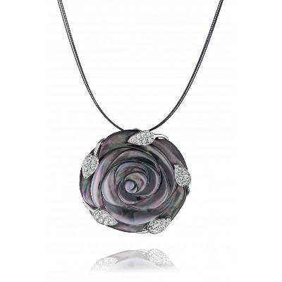 Сребърно колие-брошка с висулка във формата на роза от миден седеф и листа с циркони ROSEN Swan