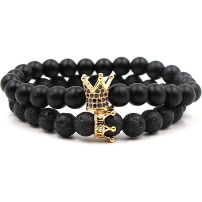 BudNej náramky pre páry King and Queen Crown z onyxu a lávových kameňov MN3004
