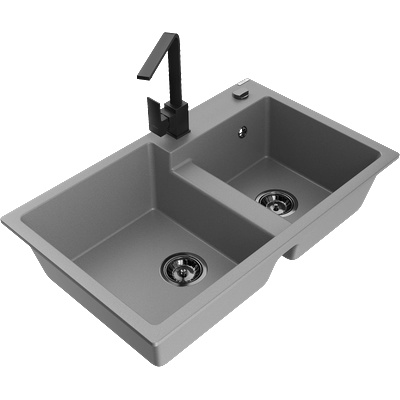 Mexen Tomas гранитна мивка с 2 камери и кухненски смесител Rita, сив - 6516-71-670300-70-B (6516-71-670300-70-B)