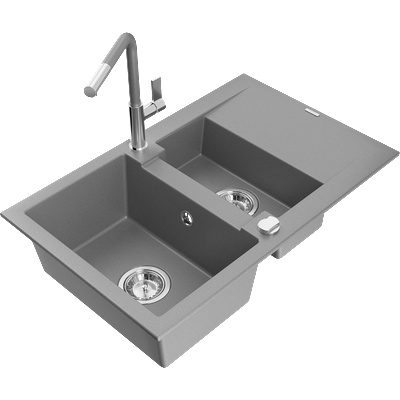 Mexen Gaspar гранитна мивка 1, 5 камери с дренаж и кухненски смесител Flora, сив - 6507-71-670401-06 (6507-71-670401-06)