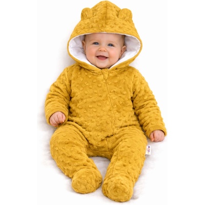 Baby Nellys Kombinézka overálek MINKY s kapucí a oušky žlutá