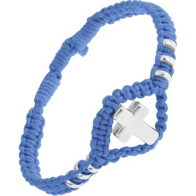 Šperky eshop pletený náramok lesklý oceľový kríž a kolieska nastaviteľný SP50.11 modrý