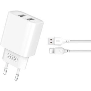 XO Зарядно устройство комплект XO CE02C 2x USB 2, 1A + Lightning кабел, Бяло (CE02C)
