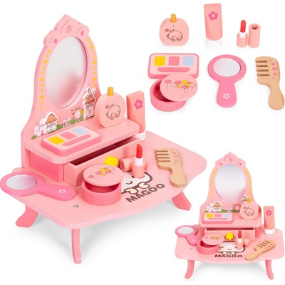 ECOTOYS Dětský dřevěný toaletní stolek se zrcadlem a zásuvkou + 7 doplňků, růžový