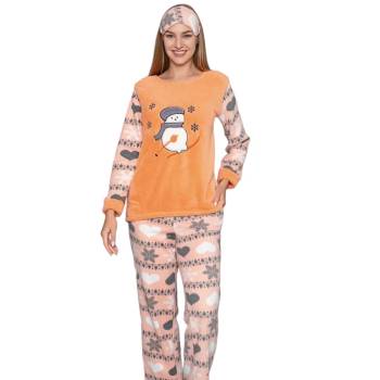 Image 1 of Поларена коледна пижама в оранжево със снежен човек