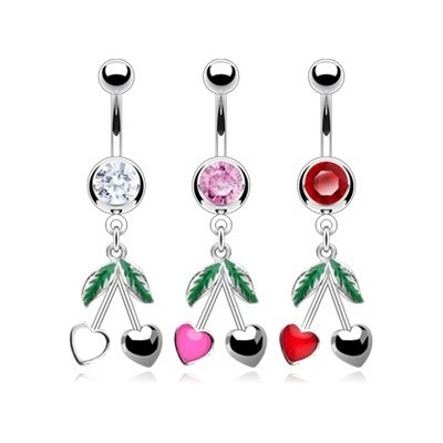 Šperky eshop ocelový piercing do pupíku barevný zirkon třešně C28.11 červená R