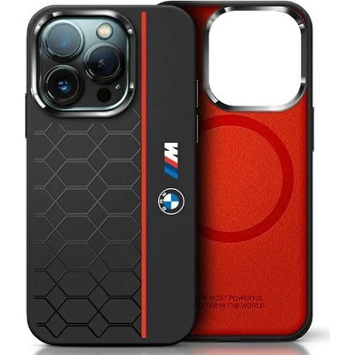BMW BMW Silicone Hexagon Red Line MagSafe калъф за iPhone 16 Pro Max, черен